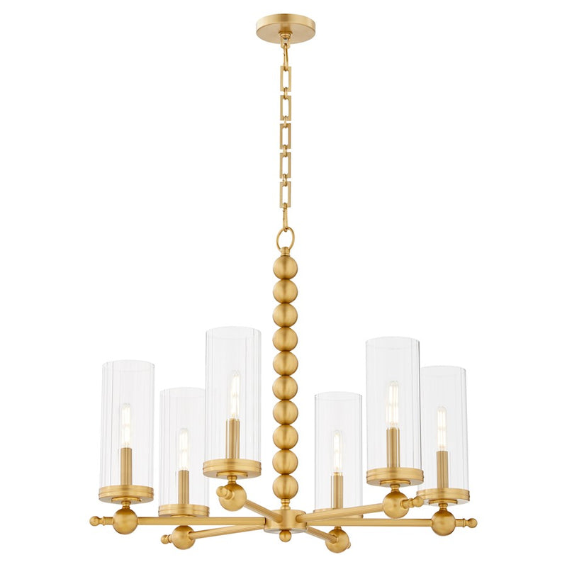 Quorum Lee Blvd 6Lt Chandelier, Aged Brass/Clear/Fluted