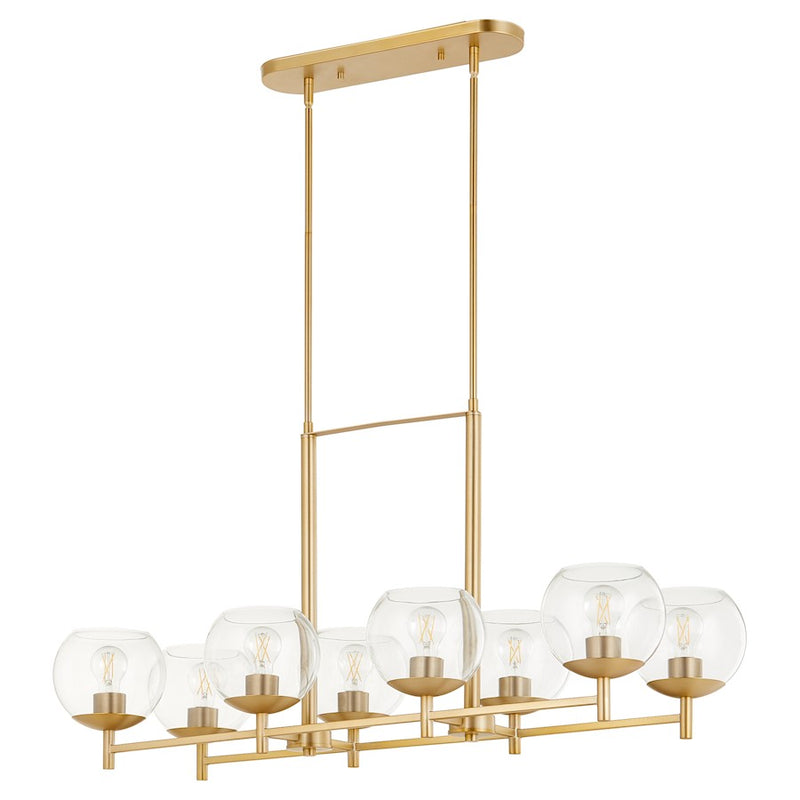 Quorum Lyon 8 Light Linear Chandelier, Aged Brass/Clear