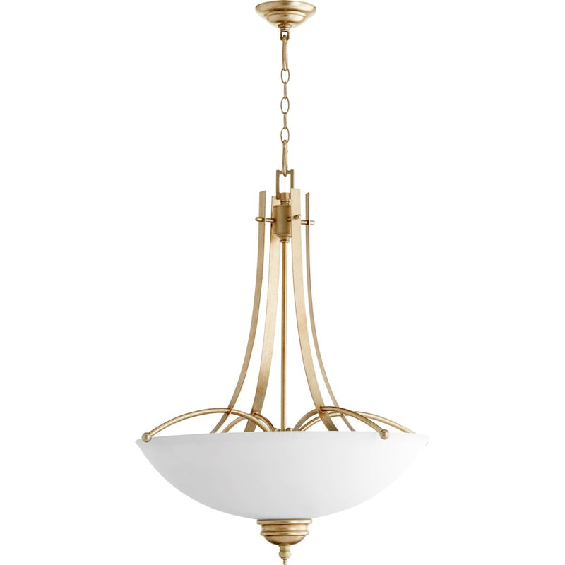 Quorum Aspen 5 Light Pendant in Aged Silver Leaf /Satin Opal