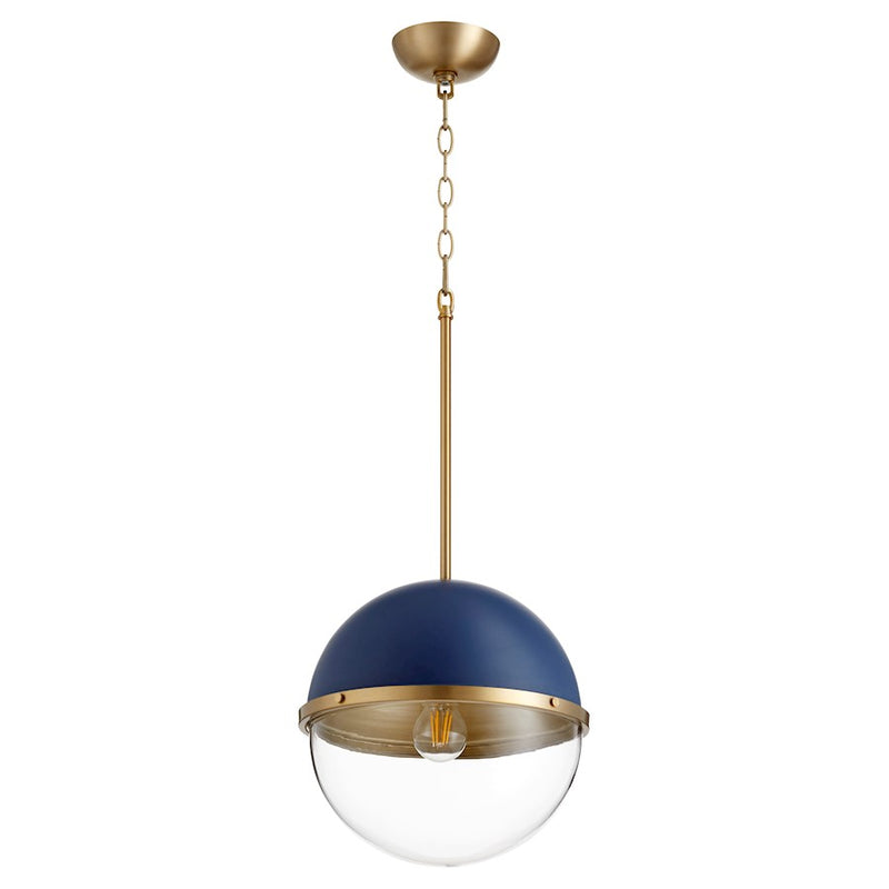 Quorum 1 Light Sphere Pendant, Blue/Aged Brass