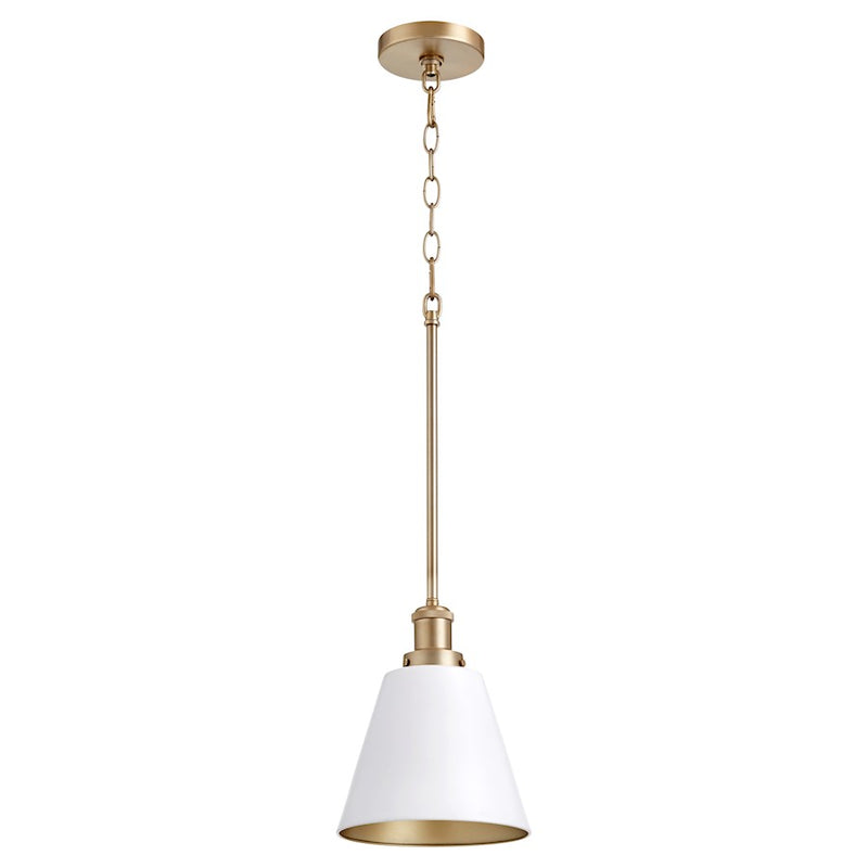 Quorum 1 Light 8" Cone Pendant, Studio White/Aged Brass