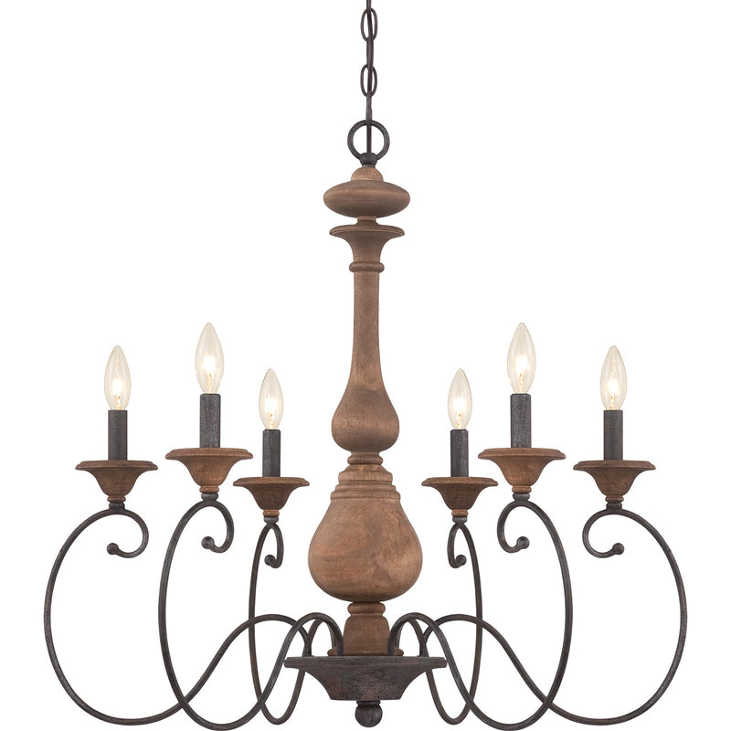 Quoizel Auburn 28in 6-Light Chandelier | Rustic Black Steel and Walnut Wood | Dining Room & Foyer | 28 x 28 x 28 in | Model ABN5006RK