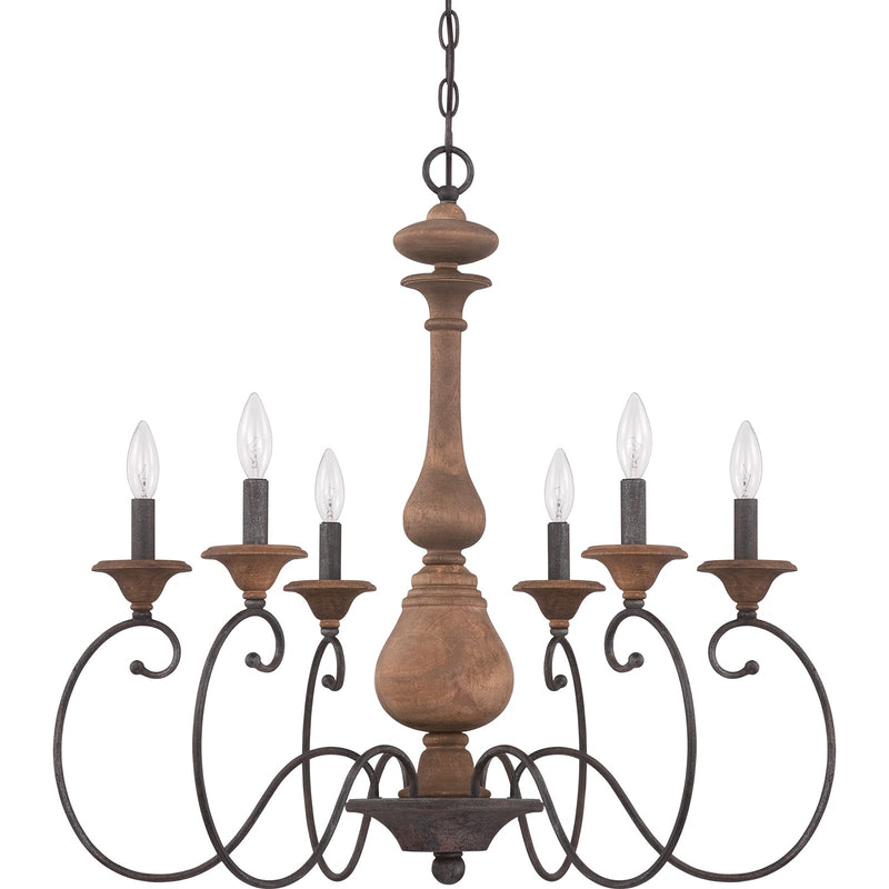 Quoizel Auburn 28in 6-Light Chandelier | Rustic Black Steel and Walnut Wood | Dining Room & Foyer | 28 x 28 x 28 in | Model ABN5006RK