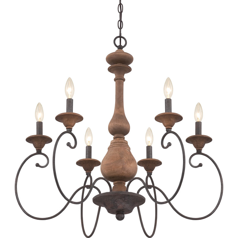 Quoizel Auburn 28in 6-Light Chandelier | Rustic Black Steel and Walnut Wood | Dining Room & Foyer | 28 x 28 x 28 in | Model ABN5006RK