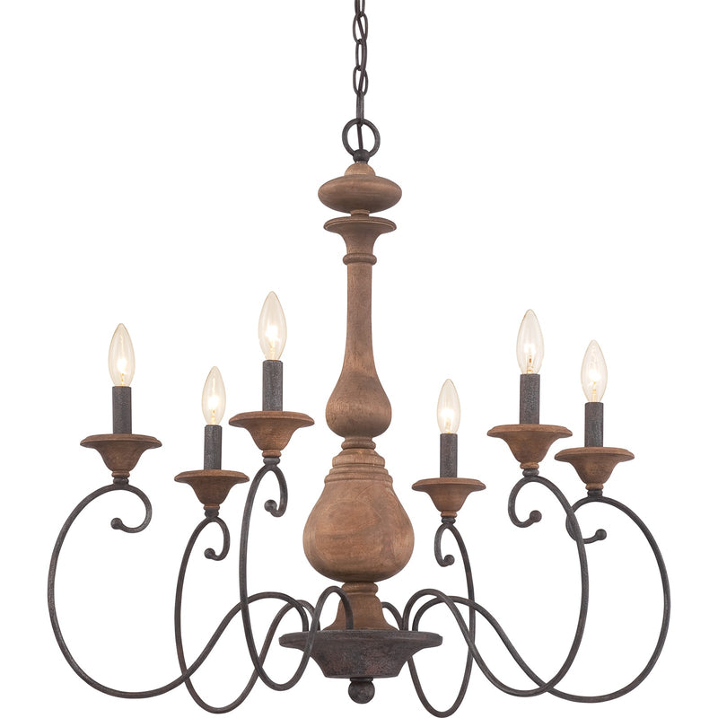 Quoizel Auburn 28in 6-Light Chandelier | Rustic Black Steel and Walnut Wood | Dining Room & Foyer | 28 x 28 x 28 in | Model ABN5006RK