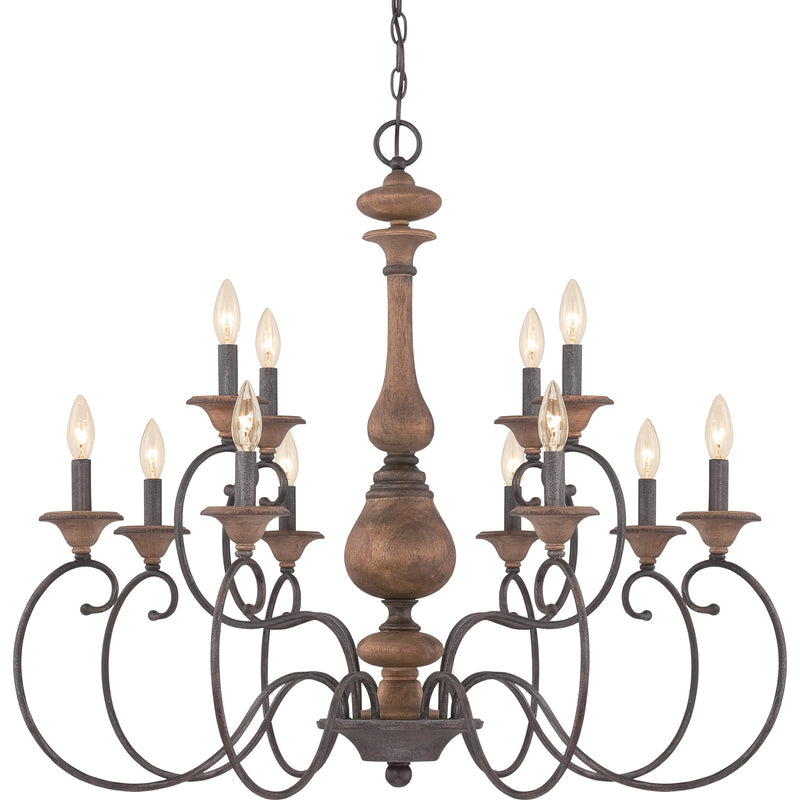 Quoizel Auburn 36in 12-Light Chandelier | Rustic Black Steel and Walnut Wood | Dining Room & Foyer | 36 x 36 x 31 in | Model ABN5012RK