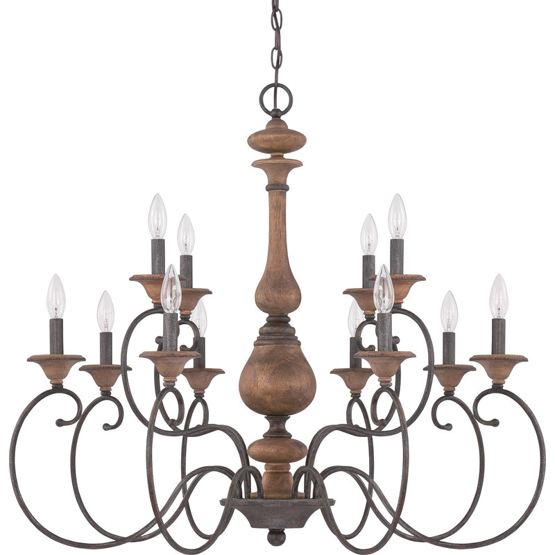 Quoizel Auburn 36in 12-Light Chandelier | Rustic Black Steel and Walnut Wood | Dining Room & Foyer | 36 x 36 x 31 in | Model ABN5012RK