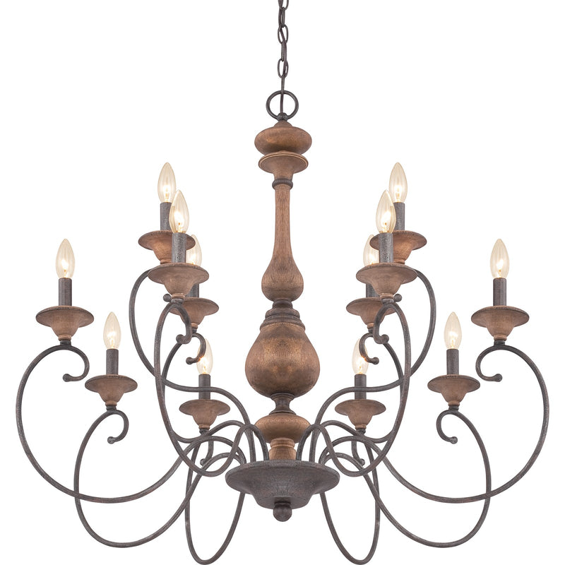 Quoizel Auburn 36in 12-Light Chandelier | Rustic Black Steel and Walnut Wood | Dining Room & Foyer | 36 x 36 x 31 in | Model ABN5012RK