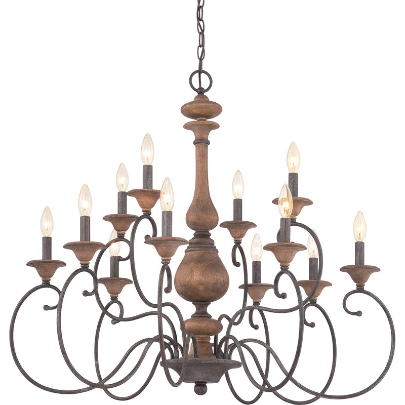 Quoizel Auburn 36in 12-Light Chandelier | Rustic Black Steel and Walnut Wood | Dining Room & Foyer | 36 x 36 x 31 in | Model ABN5012RK