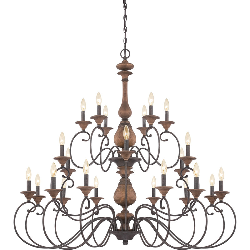 Quoizel Auburn 48in 24-Light Chandelier | Rustic Black Steel and Walnut Wood | Grand Foyer & Ballroom | 48 x 48 x 45 in | Model ABN5024RK