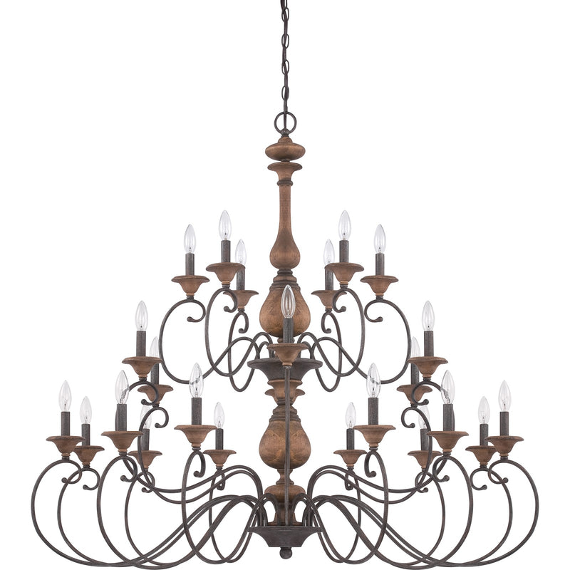 Quoizel Auburn 48in 24-Light Chandelier | Rustic Black Steel and Walnut Wood | Grand Foyer & Ballroom | 48 x 48 x 45 in | Model ABN5024RK