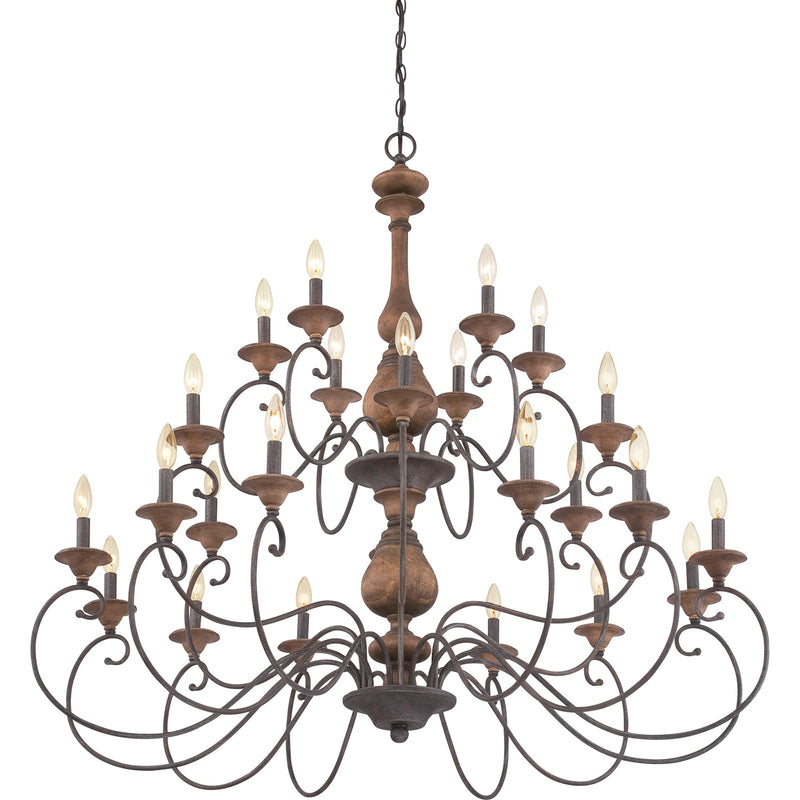 Quoizel Auburn 48in 24-Light Chandelier | Rustic Black Steel and Walnut Wood | Grand Foyer & Ballroom | 48 x 48 x 45 in | Model ABN5024RK