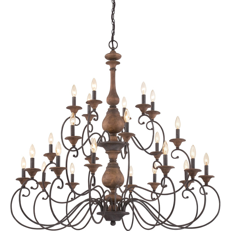 Quoizel Auburn 48in 24-Light Chandelier | Rustic Black Steel and Walnut Wood | Grand Foyer & Ballroom | 48 x 48 x 45 in | Model ABN5024RK