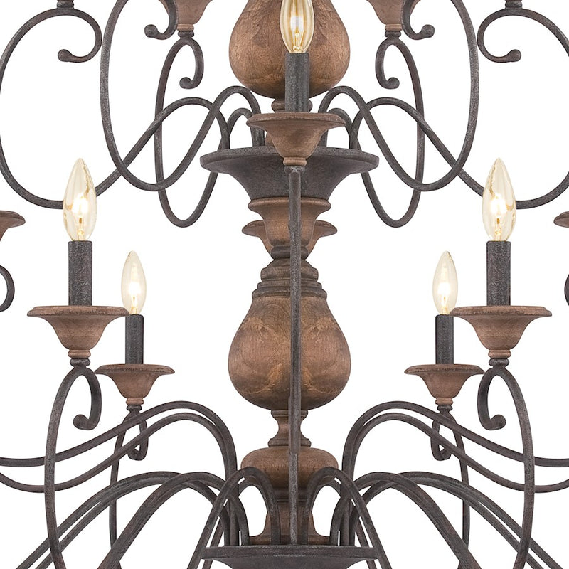 Quoizel Auburn 48in 24-Light Chandelier | Rustic Black Steel and Walnut Wood | Grand Foyer & Ballroom | 48 x 48 x 45 in | Model ABN5024RK