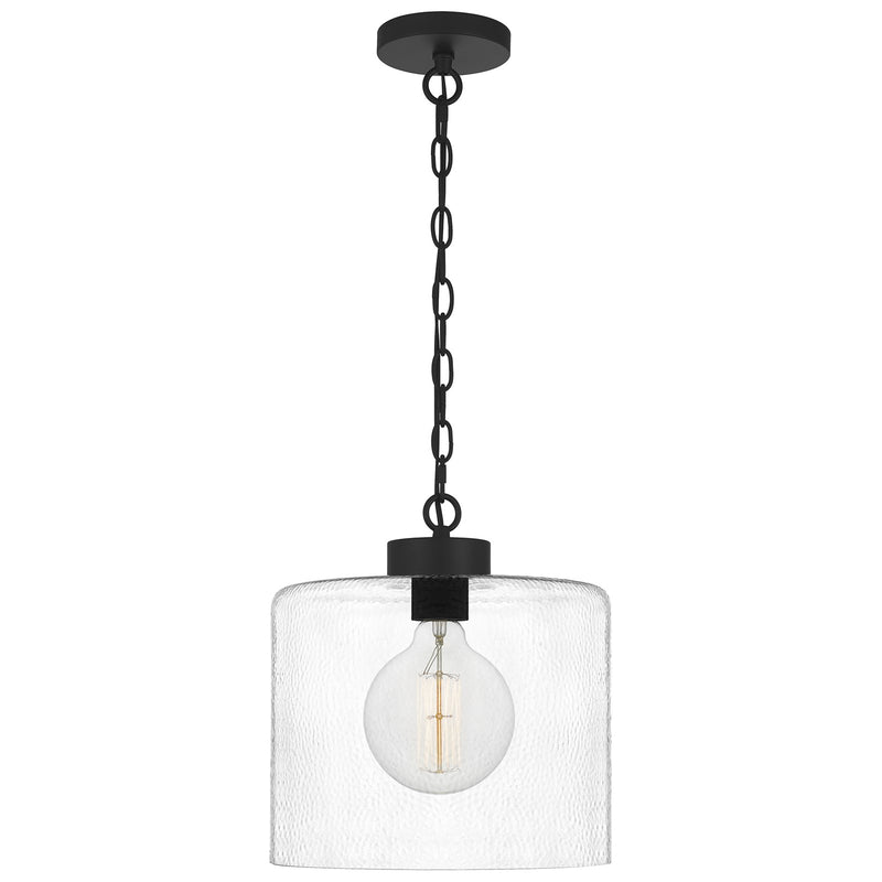 Quoizel Abner 12in 1-Light Pendant | Matte Black Steel and Clear Hammered Glass | Kitchen Island & Bath | 12 x 12 x 13.25 in | Model ABR1512MBK