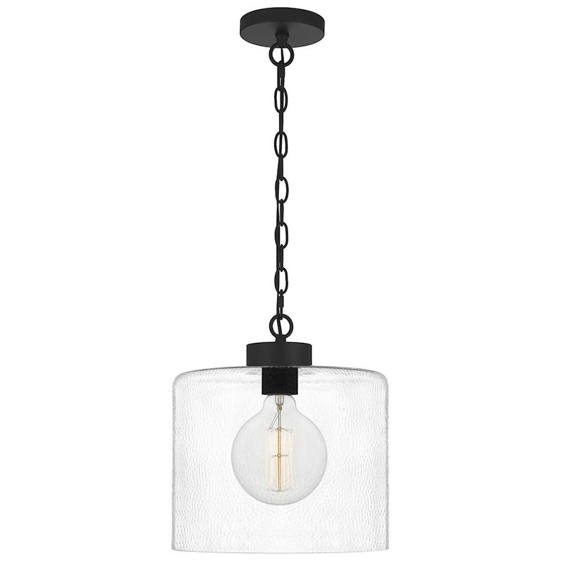 Quoizel Abner 12in 1-Light Pendant | Matte Black Steel and Clear Hammered Glass | Kitchen Island & Bath | 12 x 12 x 13.25 in | Model ABR1512MBK