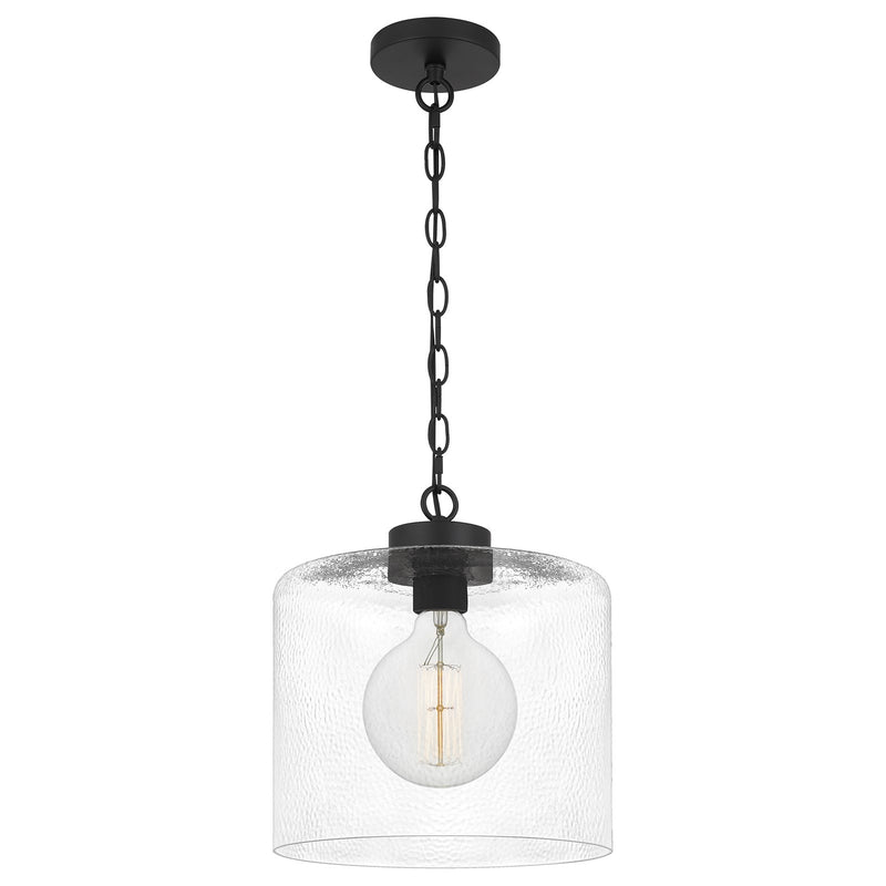 Quoizel Abner 12in 1-Light Pendant | Matte Black Steel and Clear Hammered Glass | Kitchen Island & Bath | 12 x 12 x 13.25 in | Model ABR1512MBK