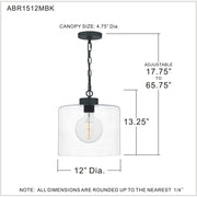 Quoizel Abner 12in 1-Light Pendant | Matte Black Steel and Clear Hammered Glass | Kitchen Island & Bath | 12 x 12 x 13.25 in | Model ABR1512MBK