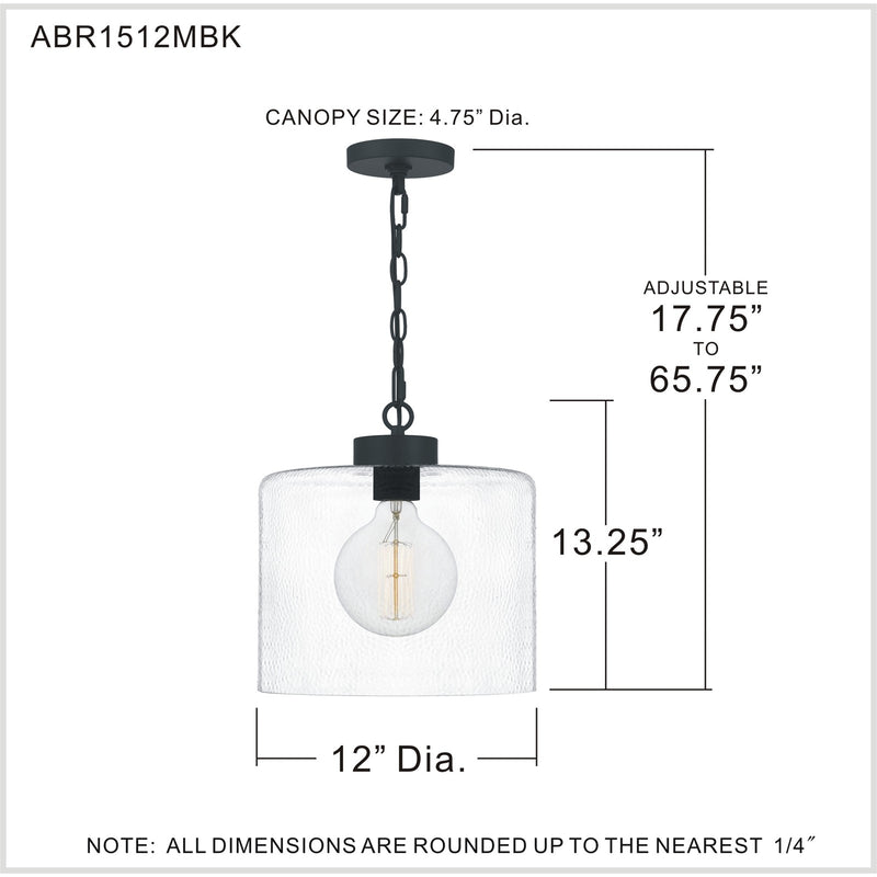 Quoizel Abner 12in 1-Light Pendant | Matte Black Steel and Clear Hammered Glass | Kitchen Island & Bath | 12 x 12 x 13.25 in | Model ABR1512MBK