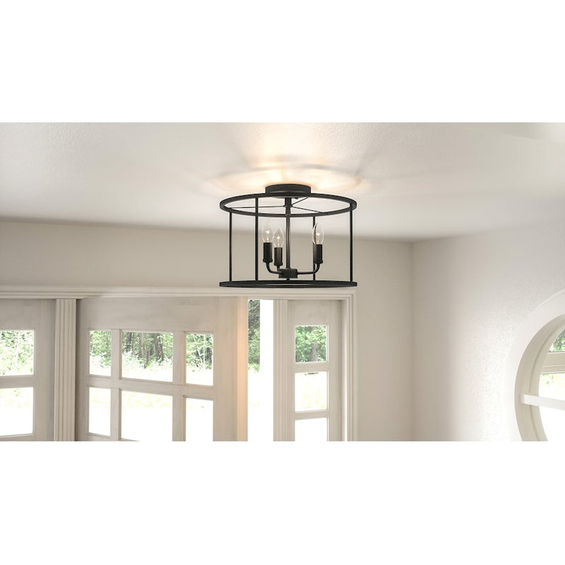 Quoizel Abner 14in 3-Light Semi-Flush Mount | Industrial Matte Black Steel | Bedroom & Hallway Ceiling Light | 14 x 14 x 11.75 in | Model ABR1714MBK