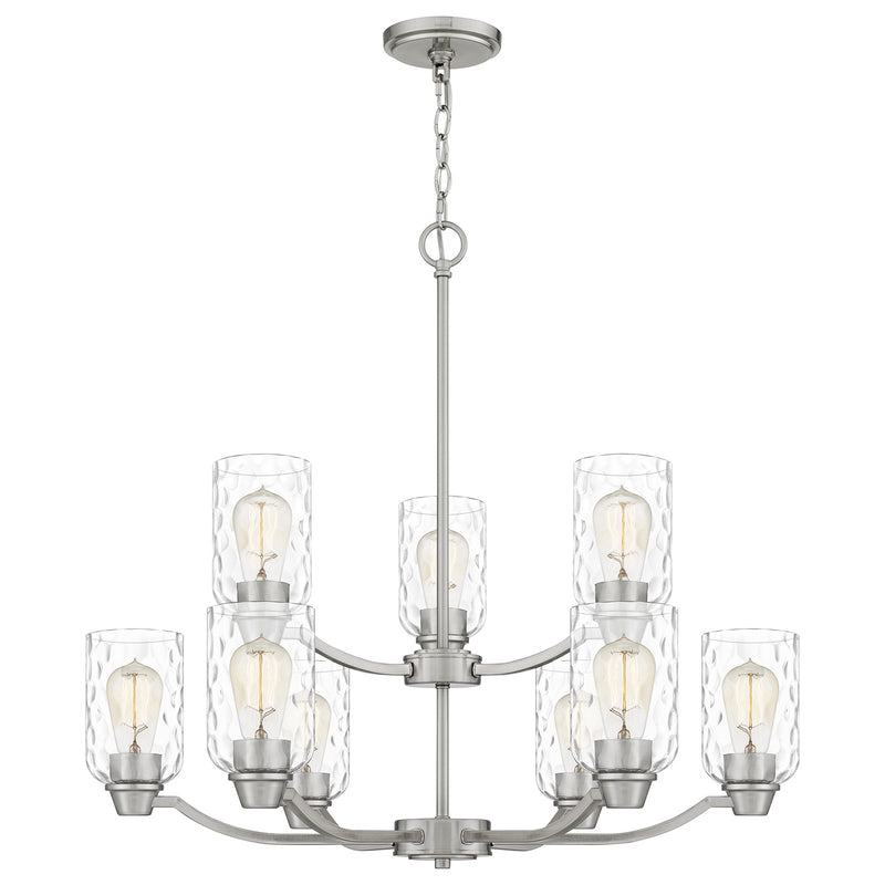 Quoizel Acacia 29in 9-Light Chandelier | Modern Brushed Nickel and Clear Water Glass | Dining Room & Foyer | Model ACA5029BN