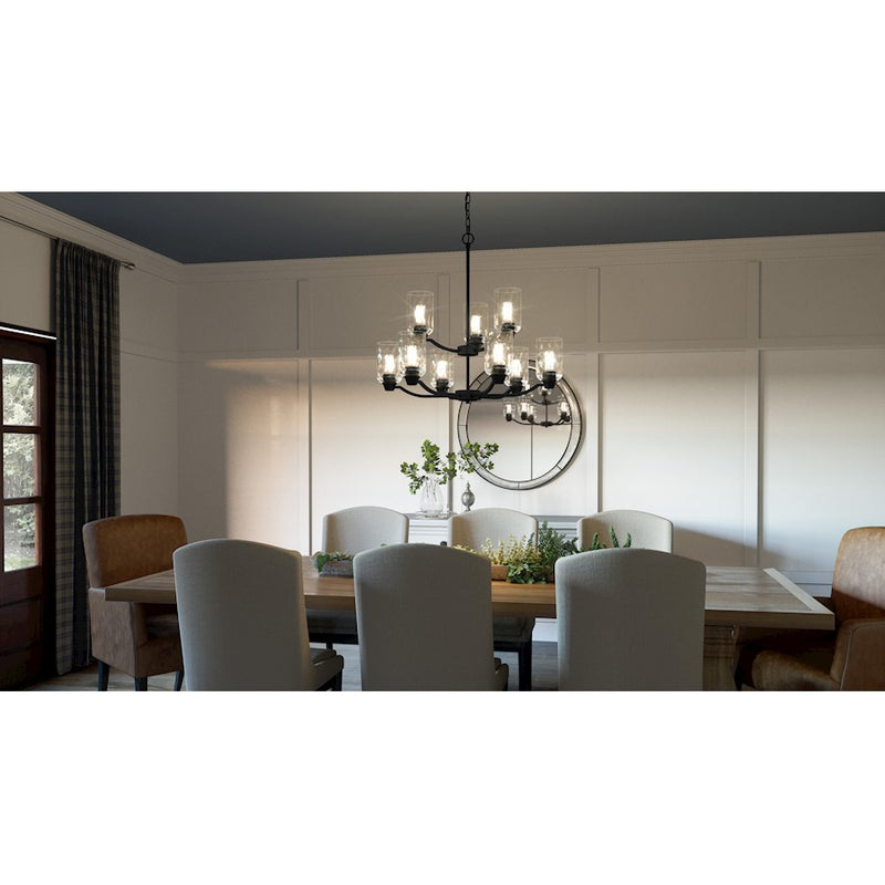 Quoizel Acacia 9 Light Chandelier, Matte Black/Clear Water