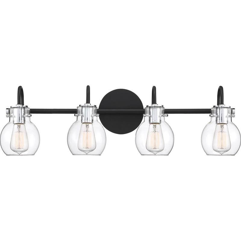 Quoizel Andrews 30in 4-Light Vanity Light | Industrial Earth Black and Clear Glass | Bathroom Vanity & Powder Room | 30.5 x 7 x 9 in | Model ANW8604EK
