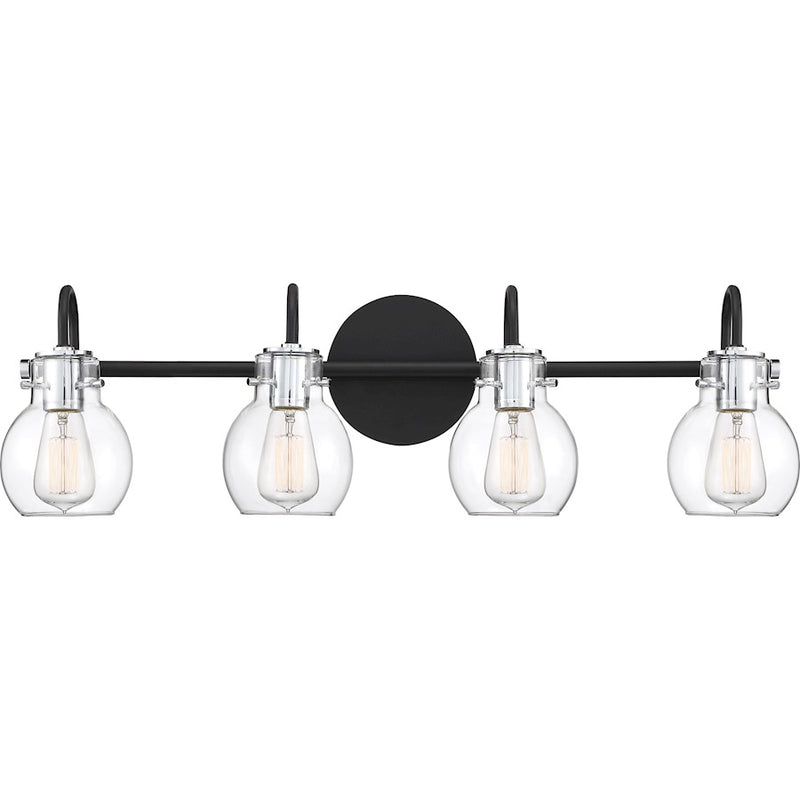 Quoizel Andrews 30in 4-Light Vanity Light | Industrial Earth Black and Clear Glass | Bathroom Vanity & Powder Room | 30.5 x 7 x 9 in | Model ANW8604EK