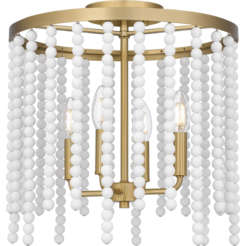Quoizel Apelle 15in 4-Light Semi-Flush Mount | Glam Aged Brass and White Wood Beads | Bedroom & Hallway Ceiling Light | Model APE1716AB