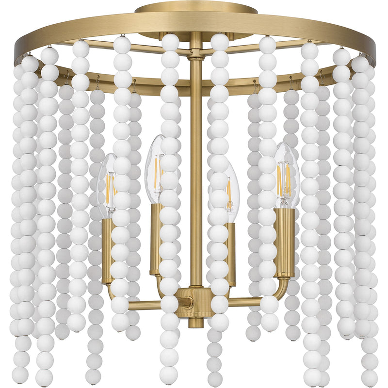 Quoizel Apelle 15in 4-Light Semi-Flush Mount | Glam Aged Brass and White Wood Beads | Bedroom & Hallway Ceiling Light | Model APE1716AB