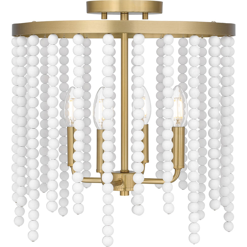 Quoizel Apelle 15in 4-Light Semi-Flush Mount | Glam Aged Brass and White Wood Beads | Bedroom & Hallway Ceiling Light | Model APE1716AB