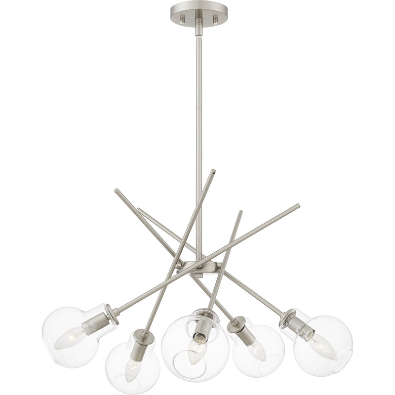 Quoizel Asha 26in 5-Light Chandelier | Modern Brushed Nickel and Clear Glass | Kitchen Island & Dining Room | 26 x 26 x 10.75 in | Model ASA5026BN
