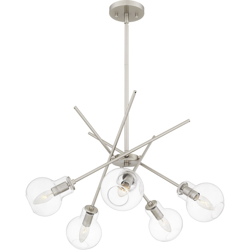 Quoizel Asha 26in 5-Light Chandelier | Modern Brushed Nickel and Clear Glass | Kitchen Island & Dining Room | 26 x 26 x 10.75 in | Model ASA5026BN