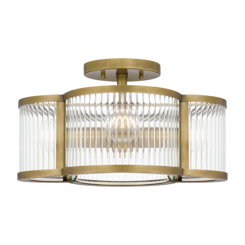 Quoizel Aster 15in 4-Light Semi-Flush Mount | Art Deco Weathered Brass and Clear Ribbed Glass | Entryway & Powder Room | Model ASR1715WS