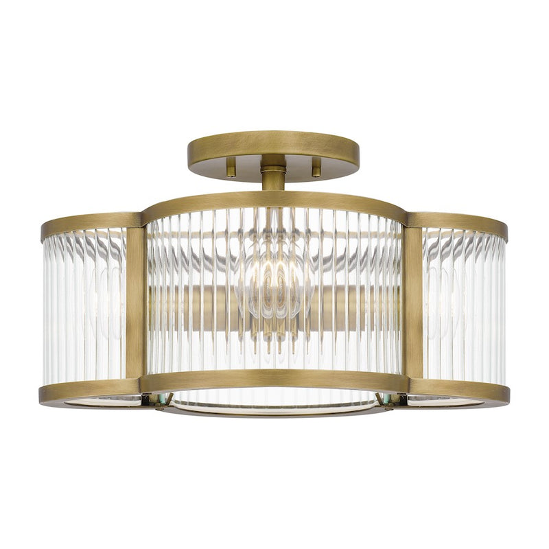 Quoizel Aster 15in 4-Light Semi-Flush Mount | Art Deco Weathered Brass and Clear Ribbed Glass | Entryway & Powder Room | Model ASR1715WS