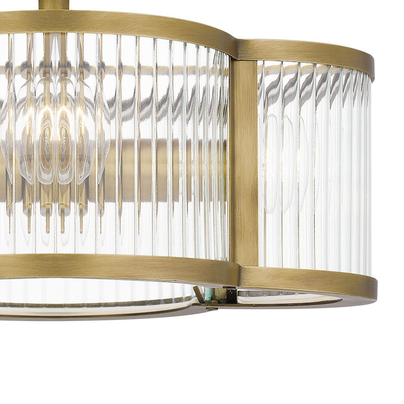 Quoizel Aster 15in 4-Light Semi-Flush Mount | Art Deco Weathered Brass and Clear Ribbed Glass | Entryway & Powder Room | Model ASR1715WS