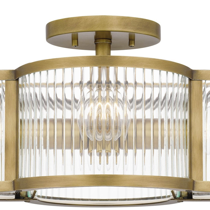 Quoizel Aster 15in 4-Light Semi-Flush Mount | Art Deco Weathered Brass and Clear Ribbed Glass | Entryway & Powder Room | Model ASR1715WS