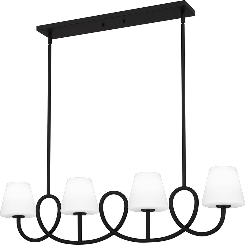 Quoizel Atkins 40in 4-Light Linear Chandelier | Modern Matte Black and Opal Etched Glass | Kitchen Island & Dining Room | Model ATK440MBK