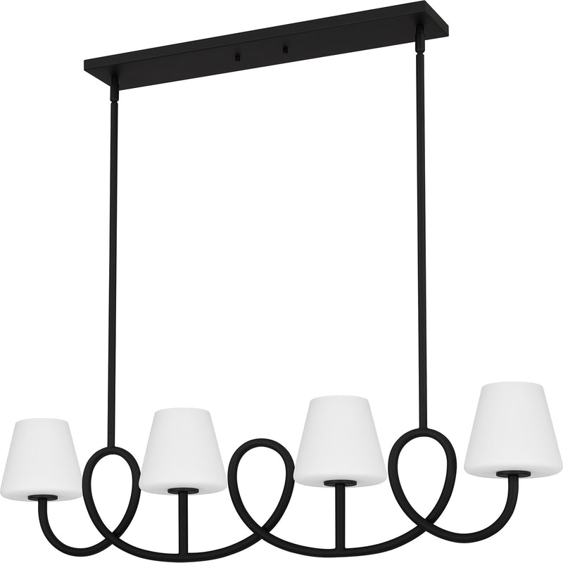 Quoizel Atkins 40in 4-Light Linear Chandelier | Modern Matte Black and Opal Etched Glass | Kitchen Island & Dining Room | Model ATK440MBK