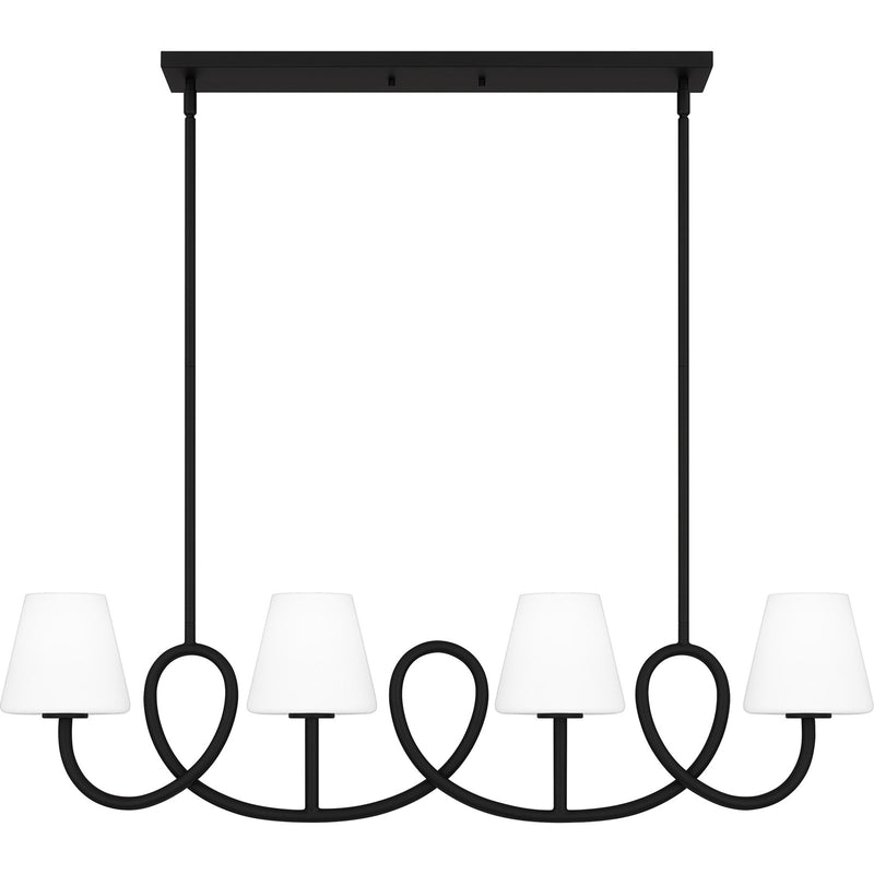Quoizel Atkins 40in 4-Light Linear Chandelier | Modern Matte Black and Opal Etched Glass | Kitchen Island & Dining Room | Model ATK440MBK