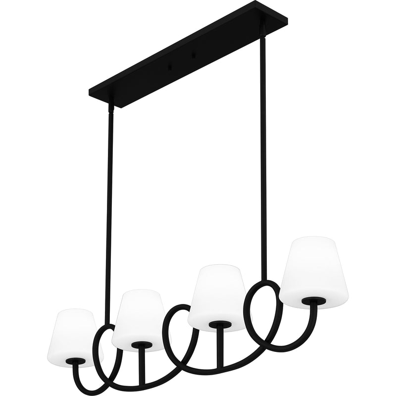 Quoizel Atkins 40in 4-Light Linear Chandelier | Modern Matte Black and Opal Etched Glass | Kitchen Island & Dining Room | Model ATK440MBK
