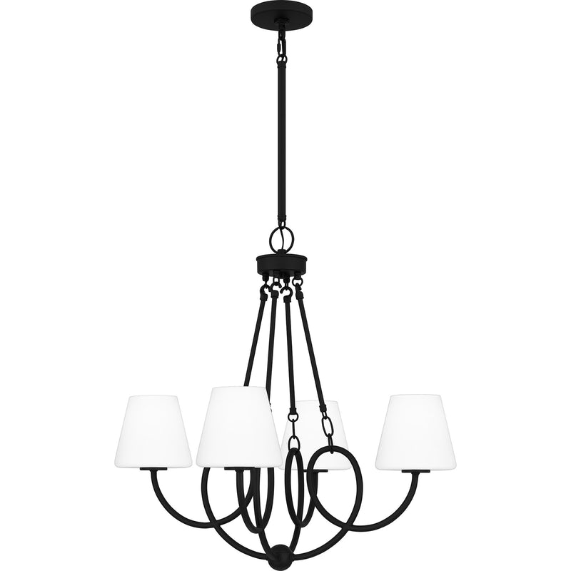 Quoizel Atkins 27in 4-Light Chandelier | Modern Matte Black and Opal Etched Glass | Dining Room & Kitchen Island | Model ATK5027MBK