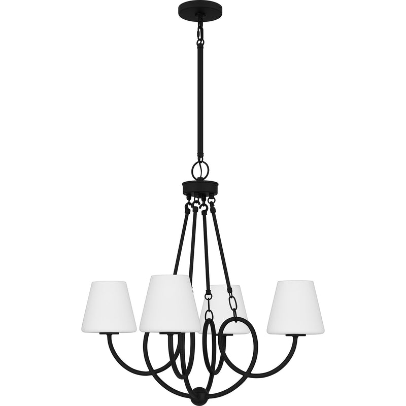 Quoizel Atkins 27in 4-Light Chandelier | Modern Matte Black and Opal Etched Glass | Dining Room & Kitchen Island | Model ATK5027MBK