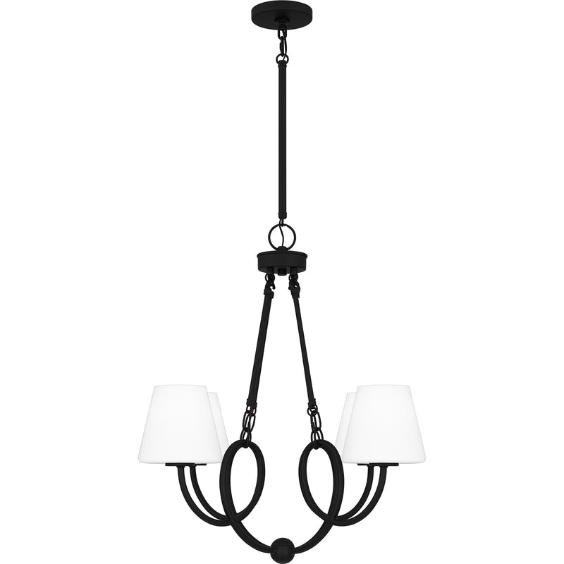 Quoizel Atkins 27in 4-Light Chandelier | Modern Matte Black and Opal Etched Glass | Dining Room & Kitchen Island | Model ATK5027MBK