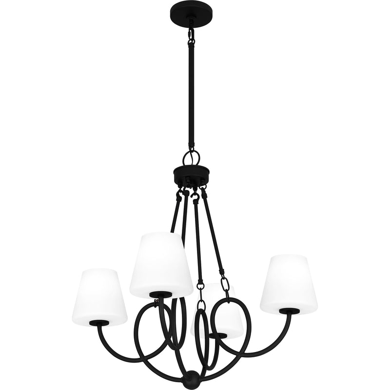 Quoizel Atkins 27in 4-Light Chandelier | Modern Matte Black and Opal Etched Glass | Dining Room & Kitchen Island | Model ATK5027MBK