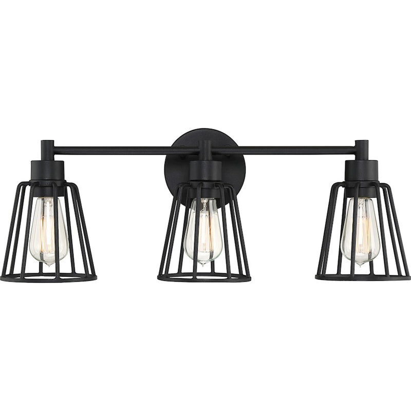Quoizel Atticus 23in 3-Light Vanity Light | Industrial Earth Black Steel Cage Shades | Bathroom & Powder Room | 23.5 x 6.5 x 8.75 in | Model ATT8603EK