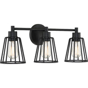 Quoizel Atticus 23in 3-Light Vanity Light | Industrial Earth Black Steel Cage Shades | Bathroom & Powder Room | 23.5 x 6.5 x 8.75 in | Model ATT8603EK