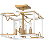 Quoizel Brinkman 14in 4-Light Semi-Flush Mount | Modern Matte White and Brushed Weathered Brass | Bedroom & Hallway | 14 x 14 x 13 in | Model BNK1714W