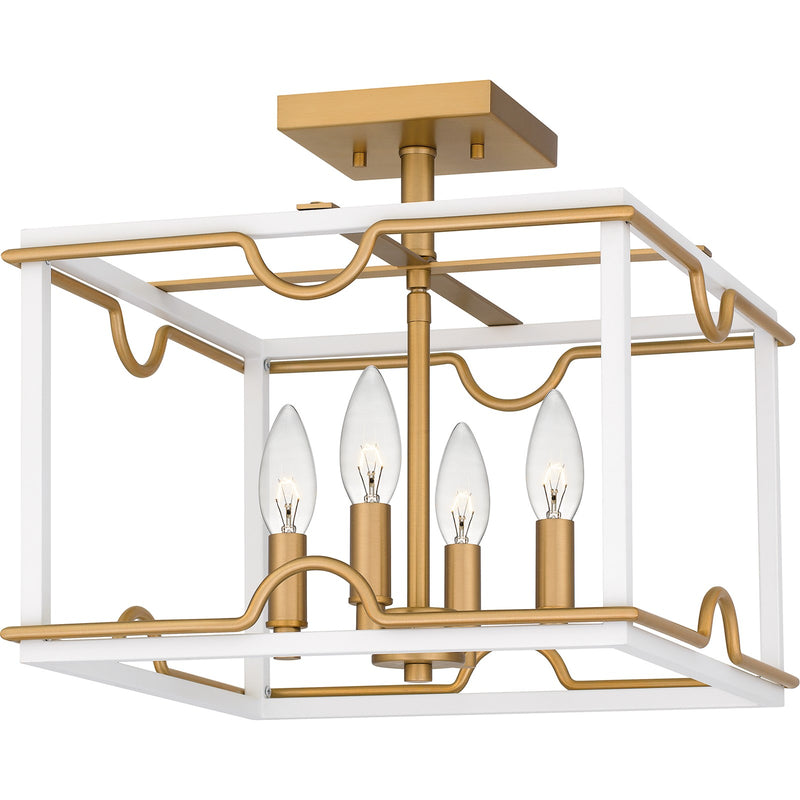Quoizel Brinkman 14in 4-Light Semi-Flush Mount | Modern Matte White and Brushed Weathered Brass | Bedroom & Hallway | 14 x 14 x 13 in | Model BNK1714W
