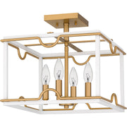 Quoizel Brinkman 14in 4-Light Semi-Flush Mount | Modern Matte White and Brushed Weathered Brass | Bedroom & Hallway | 14 x 14 x 13 in | Model BNK1714W